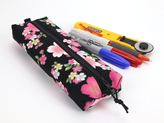 Cotton Handmade Pen Case Bag Pencil Pouch Bag Cherry Blossoms Black