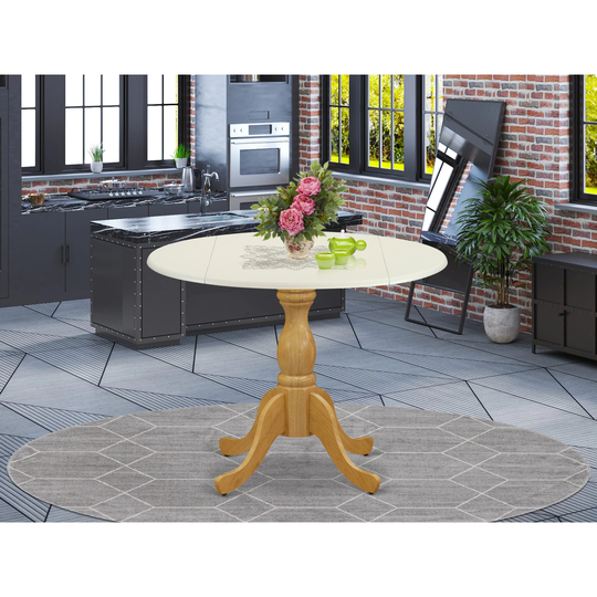 DST-LOK-TP - Wood Dining Table with Drop Leaves - Linen White Table Top and Oak Pedestal Leg Finish - Multi