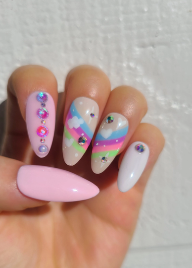 Pink Rainbow Press On Nails | Kawaii Cute Princess Fake Stiletto Coffin Swarovski