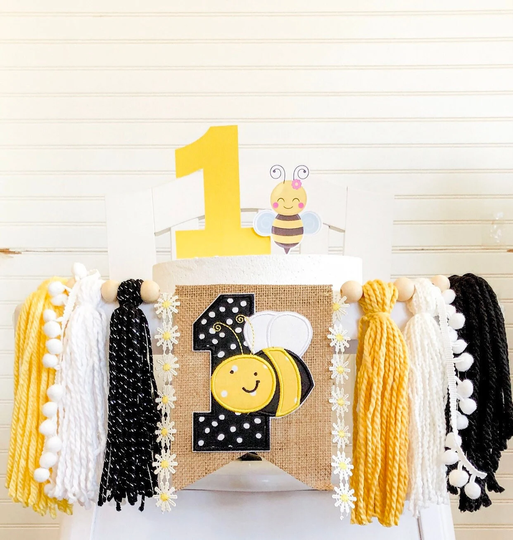 Honey Bee Birthday High Chair Yarn Tassel Banner, Cake Smash Backdrop First Birthday, Topper, Monthly Centerpiece