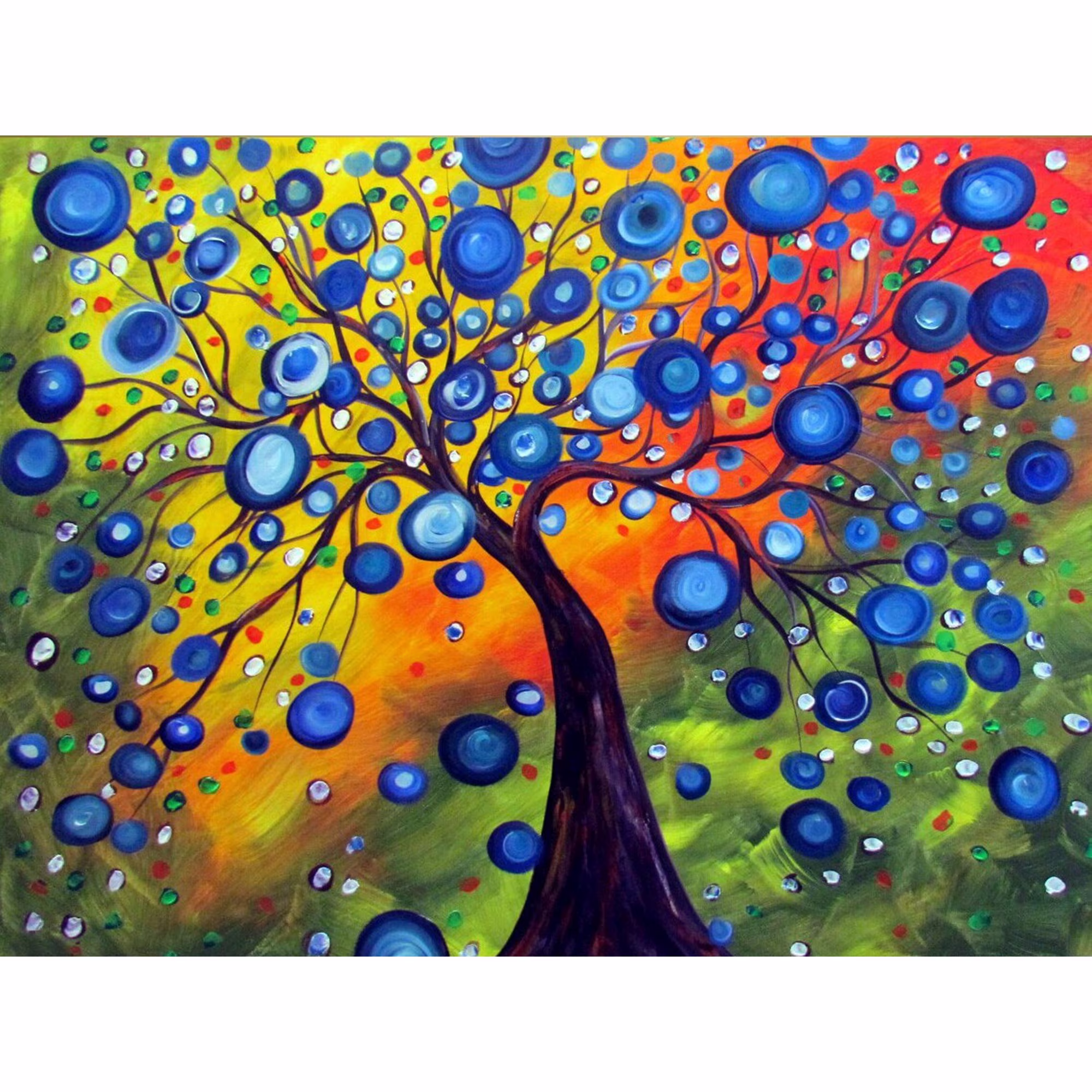 Painting Colorful Large Canvas Rainy Summer Tree Landscape Circles Art By Luiza Vizoli