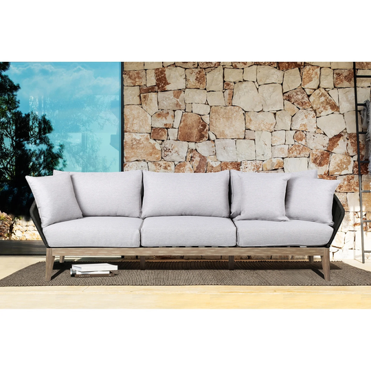 Athos Indoor Outdoor 3 Seater Sofa in Eucalyptus Wood with Rope and Grey Cushions
