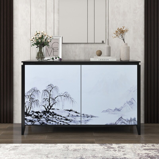 Modern Sideboard Buffet Storage Cabinet with 2 Decorative Doors, 2 Drawers and 4 Shelves for Living Room, Entryway