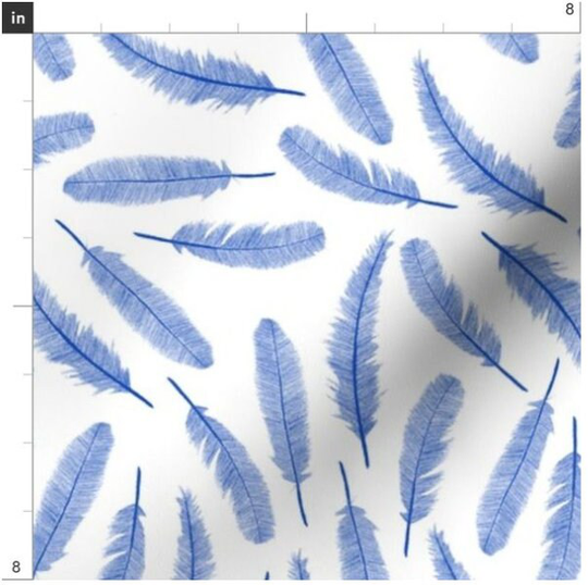 Blue Feathers Fabric By The Yard | Boho Feather Bird Made To Order Organic