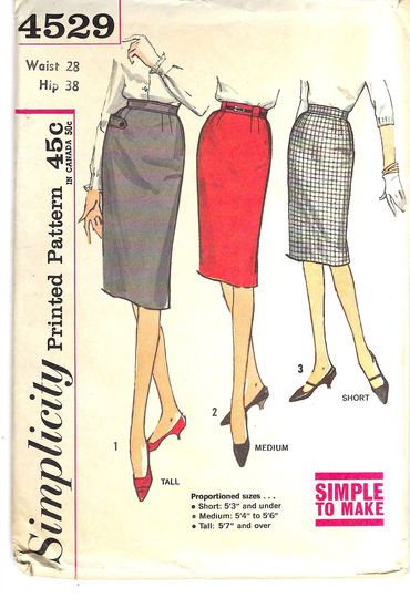 Vintage 1960S Simplicity Sewing Pattern 4529, Pencil Skirt in Proportioned Sizes, Waist 28