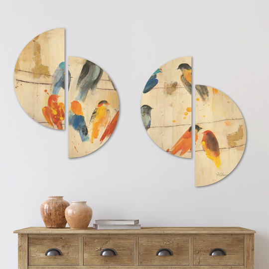 Designart 'Multicolor Bird Meeting' Traditional Animal Wood Wall Art Set of 4 Half Circles - Multi-Color