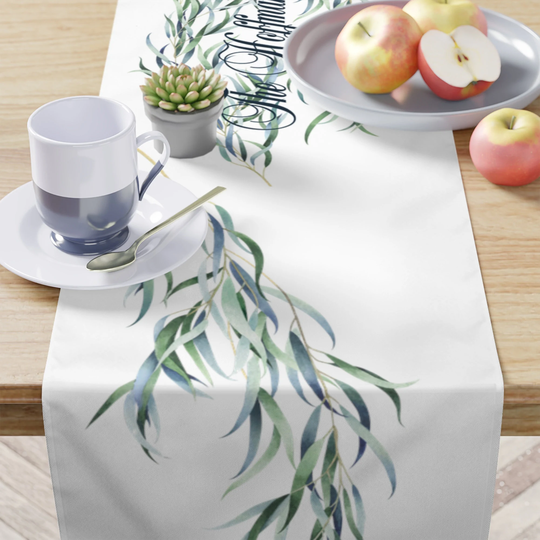Table Runner With Leaves, White Clothes, Personalized Tablecloth Eucalyptus Vines