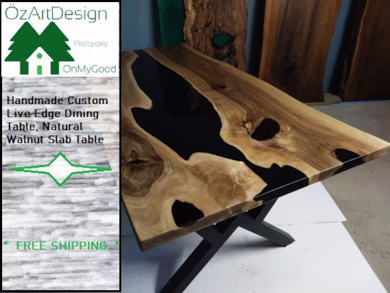 Handmade Custom Live Edge Dining Table, Epoxy Natural Walnut Slab Resin Coffee Wood Table & Legs Or Top