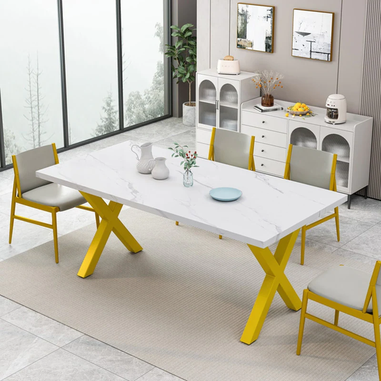 Rectangle Printed Marble Dining Table with X-Shape Leg