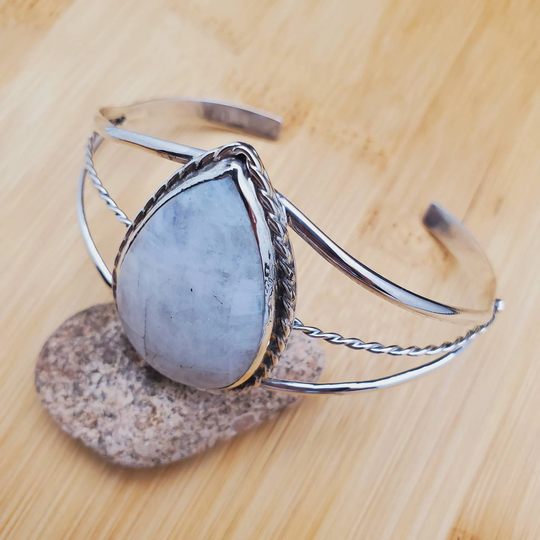 Lovely Teardrop Rainbow Moonstone Bracelet Cuff | Big Sterling Silver Healing Stone Made in Usa