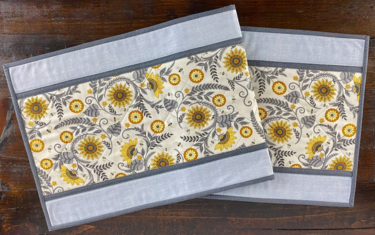 Spring Quilted 15 X 41 Table Runner | Sunflower Fabric Gray Topper| Farmhouse Topper