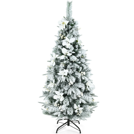 5 Feet Snow Flocked Christmas Pencil Tree with Berries and Poinsettia Flowers - 5 Feet