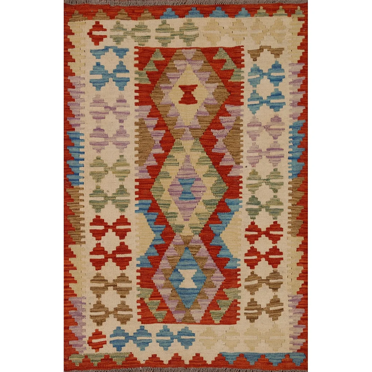 Geometric Multi-Color Kilim Rug Flat-weave Oriental Wool Foyer Carpet - 3'4" x 4'9"