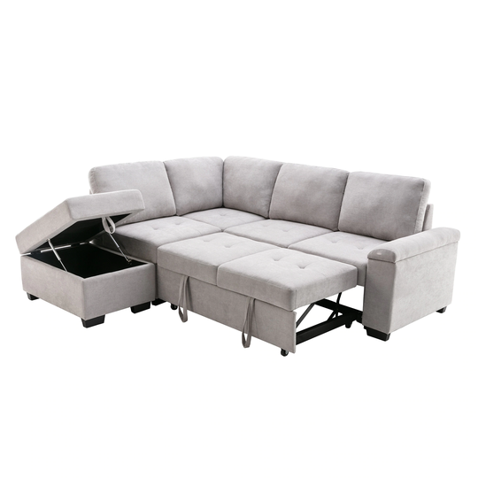 Sleeper Sectional Sofa L-shape Corner Linen Sofa-bed with Storage Ottoman