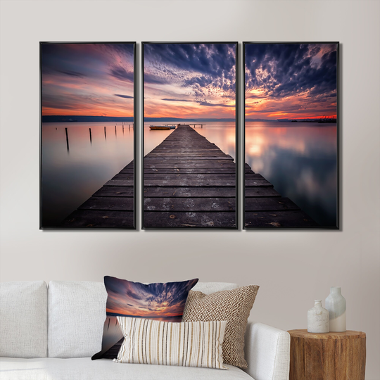 Designart 'Colorful Sunset Over Lake' Sea & Shore Framed Canvas Wall Art Print Set of 3 - 4 Colors of Frames