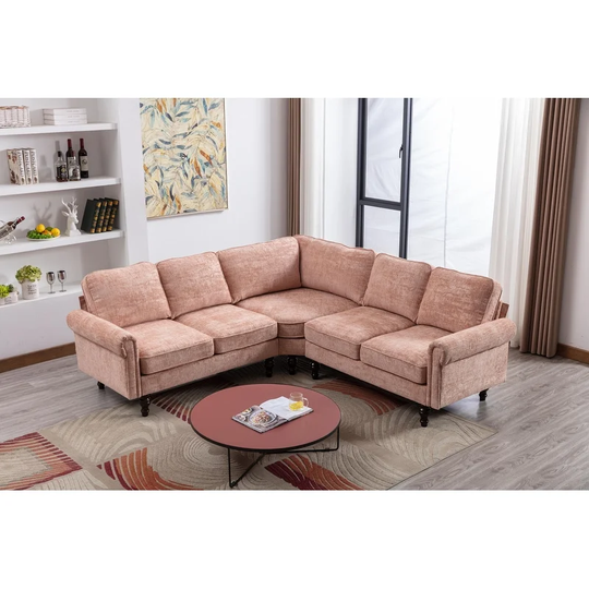 L-Shape Chenille Fabric Sectional Sofa Couch for Living Room, Round Arms Accent Sofa 5 Seater Sofas with Wood Legs