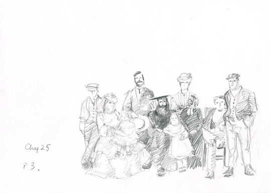 Vintage Original 1980S Small A4 Pencil Drawing Of Family Scene By Illustrator Salim Patel