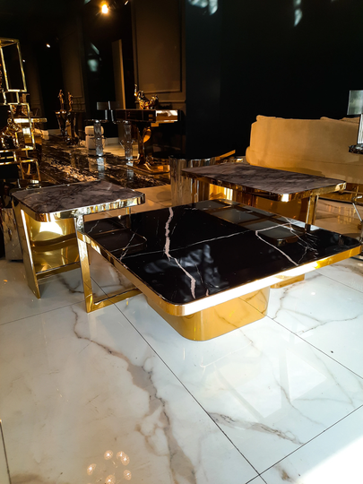 Square Coffee Table Set, Titanium Gold, 3 Pieces, Stainless Steel Table, For Living Room, Marble Low