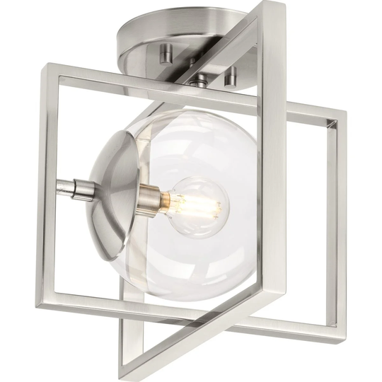 Atwell Collection 10" One-Light Mid-Century Modern Brushed Nickel Clear Glass Semi-Flush Mount Light - 12 in x 10 in x 9.75 in