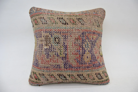 Turkish Kilim Pillow, Pillow Covers, 14x14 Blue Rug Cushion, Outdoor Office Chair 456