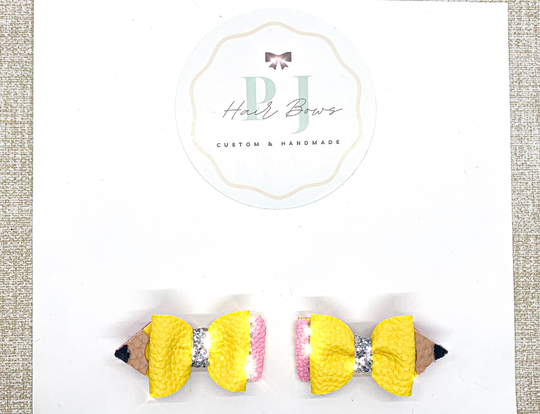 Pencil Hair Bow Pigtail Set ~ Clip Piggies Back To School Girl's Birthday Gift Ideas