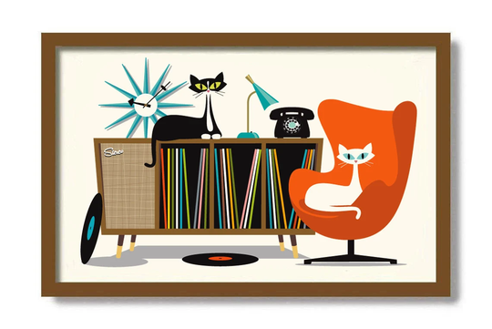 Mid Century Modern Cat Art Print, Atomic Gifts, Retro Sideboard, Tuxedo Art, Lover Gift Vinyl Record Storage Old Player