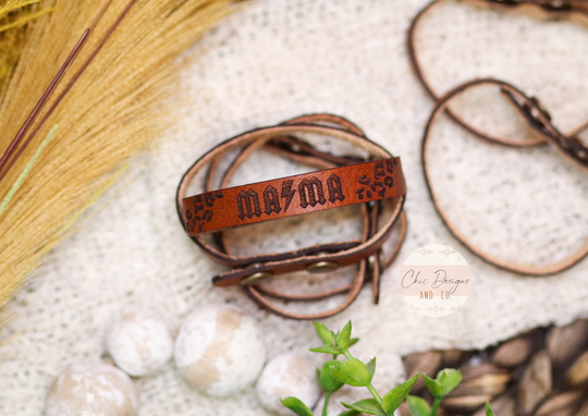 Genuine Veg Tan Leather Bracelet, Mama Engraved Bracelets, Custom Skinny Personalized Bracelets