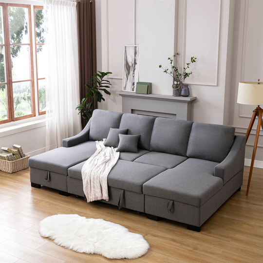 Upholstery Sleeper Sofa with Double Storage Spaces, 2 Tossing Cushions
