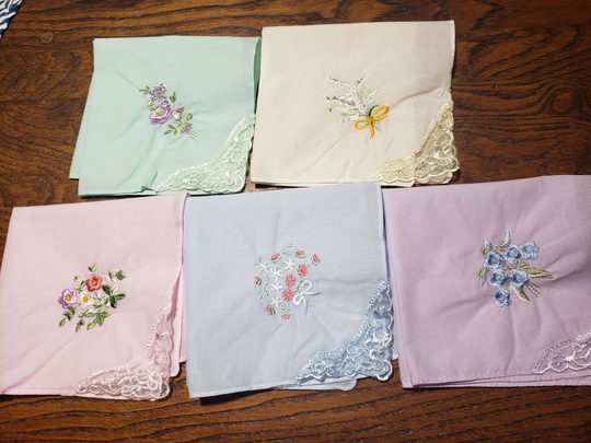 Lovely Pastel Colored Handkerchiefs With Embroidery & Lace On One Corner; Cotton; Soft Colors; Set Of 5