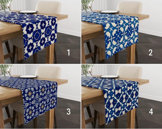 Tile Pattern Table Runner, Navy Blue Kitchen Geometric Tablecloth, Cover, Housewarming Gift, Textiles