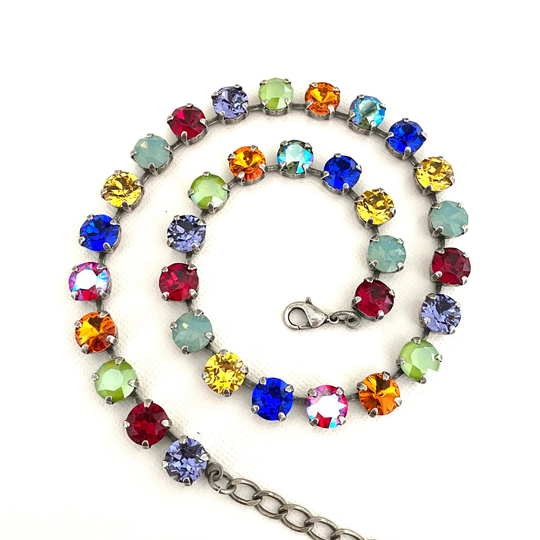 Colorful Crystal 8mm Full Necklace/Antique Silver Opal Ab Crystals Rainbow Red, Blue, Green, Yellow, Orange & More