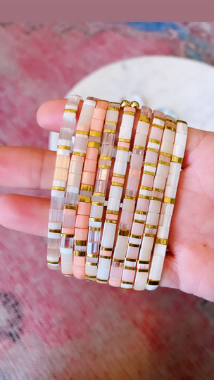 Blush Tila Bracelets, Pink Bead Boho Bracelet For Women, Square Bracelet, Glass