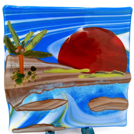 Sunset Beach Island Fused Glass Art Ooak Collectible Tile Plaque Palm Tree Ocean