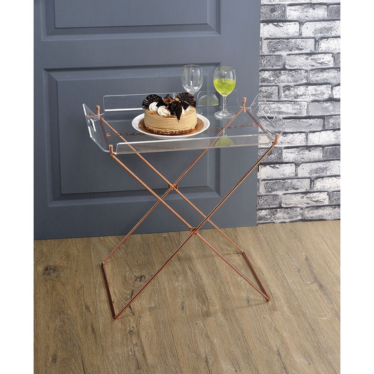 Tray Table in Clear Acrylic & Copper with RemovableTray, Dining Table for Metal ''X'' Shape Base