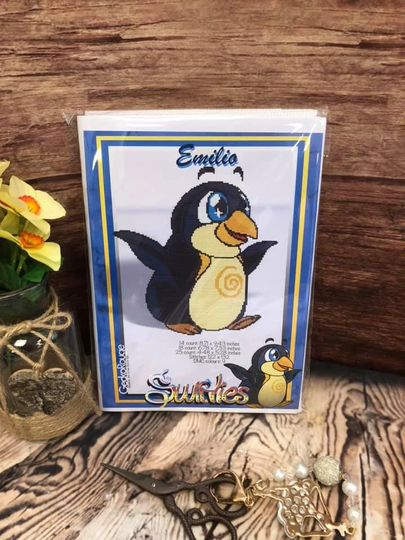 Emilio Penguin Swirlies - 14 Count 2x1 Modern Cross Stitch Art Kit