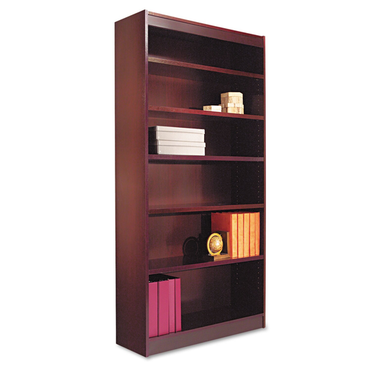 Square Corner Wood Veneer Bookcase, Six-Shelf, 35.63 x 11.81 x 71.73, Mahogany - 35.63" x 11.81" x 71.73"