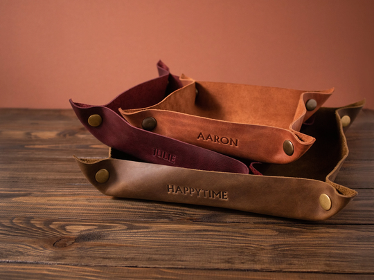 Engraved Leather Valet Tray, Personalized Desktop Organizer, Handmade Storage Gift For Men, Husband
