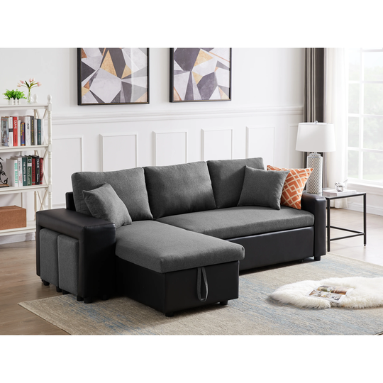 Modern Linen Sofa Bed 92.5" Reversible Sleeper Sectional Sofa with Storage and 2 Stools Steel(Grey)