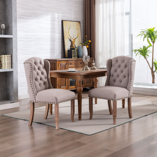 Wing Back Tufted Botton Upholstered Fabric Dining Chairs Set of 2,high Back Farmhouse Kitchen Dining Chairs with Nailheads
