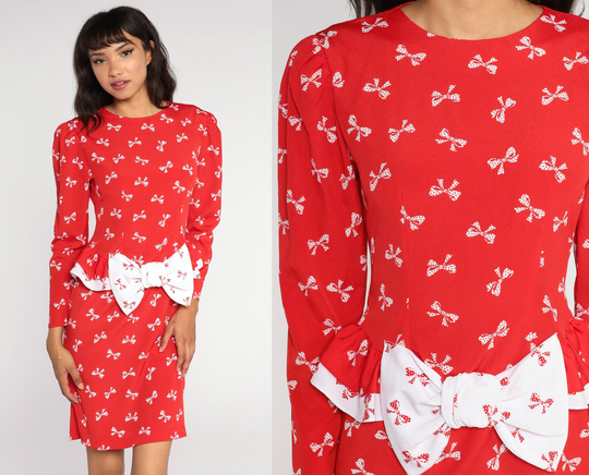 Red Bow Dress 80S Midi Vintage Wiggle Pencil Print Puff Sleeve Novelty 1980S Secretary Long Fitted Extra Small Xs