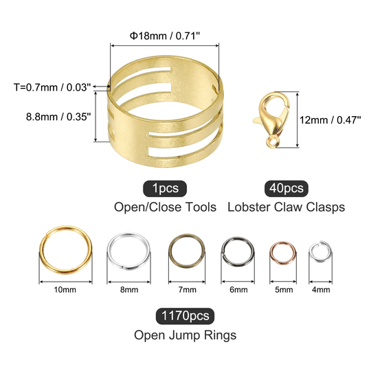1210Pcs Open Jump Rings with Lobster Clasps for DIY Jewelry Making, 6Size Mix - Mix color