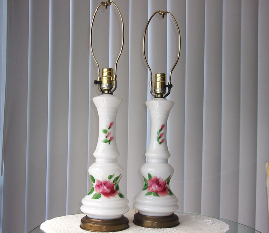 Vintage Pair Hand Painted Table Lamps, Pink Floral