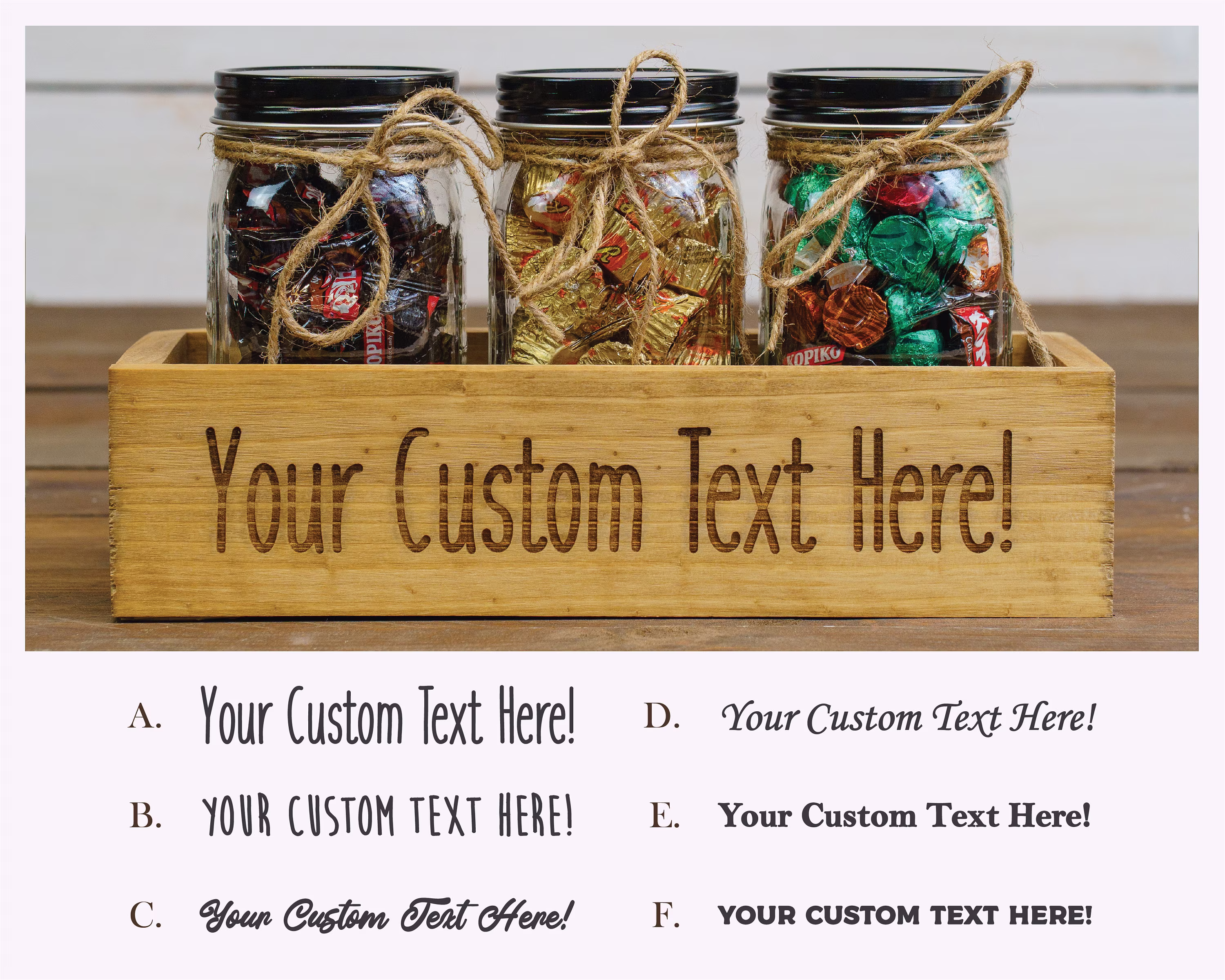 Personalized Engraved Three Jar Box/Custom Text Wooden + Jars For Candy, Treats, Coffee, Cocoa Handmade Centerpiece, Kitchen Storage
