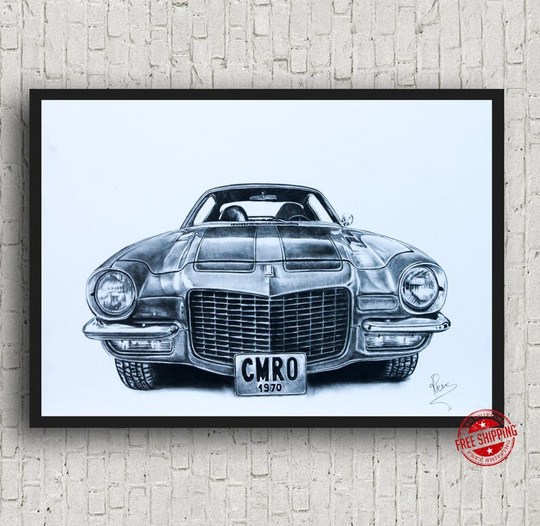 Classic Chevy Camaro Poster Art Print Pencil Drawing Vintage Car Illustration Gift For Him Vintage Cars 1970 Camaro