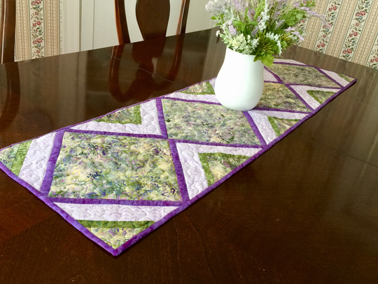 Handmade Quilted Batik Table Runner, Lavender Purple & Green Runner, Spring Runner