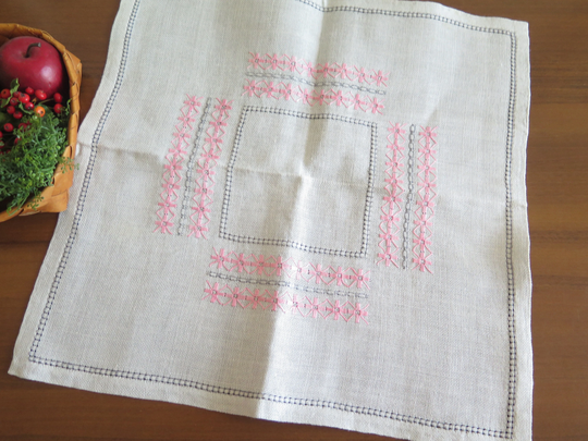 Embroidered Table Napkin Light Gray W Pink Flowers Swedish Embroidery Scandinavian Vintage Small Cloth #4-52-6