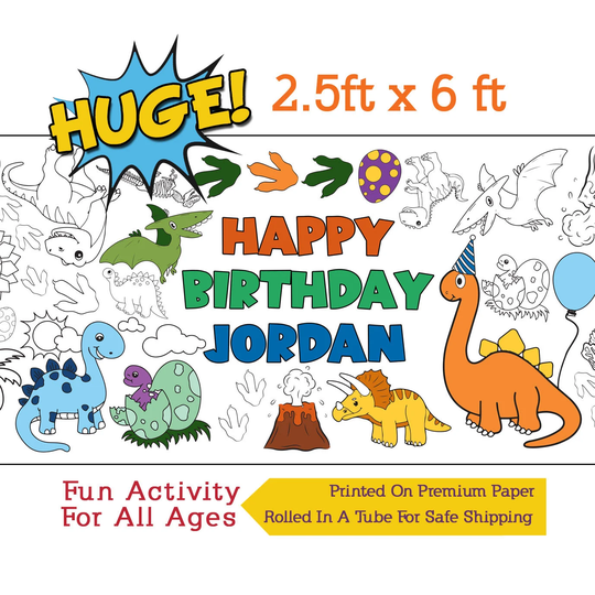 Personalized Dinosaur Coloring Banner, Birthday Paper Tablecloth, Party Activity - 30" X 72" Inches