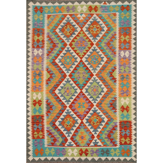 Colorful Kilim Oriental Area Rug Reversible Hand-woven Wool Carpet - 4'11" x 6'10"