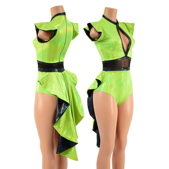 Neon Lime Holographic Romper With Keyhole Neckline, Flip Sleeves & Tux Back/Black Mesh Waist Panel. Trim - 1579158