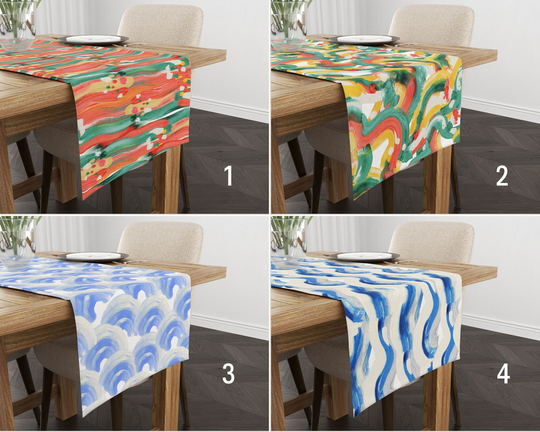 Abstract Art Runner, Modern Table Colorful Tablecloth, Red Yellow Blue Kitchen Linens, Dining Textile, Farmhouse Decor, Gift For Her